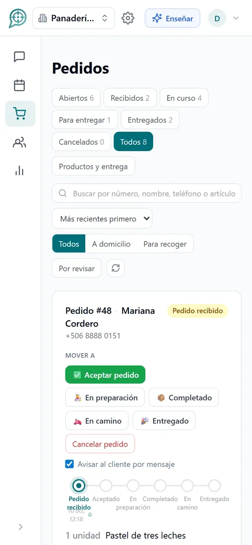 Tablero de pedidos de Central de Mensajes en el celular