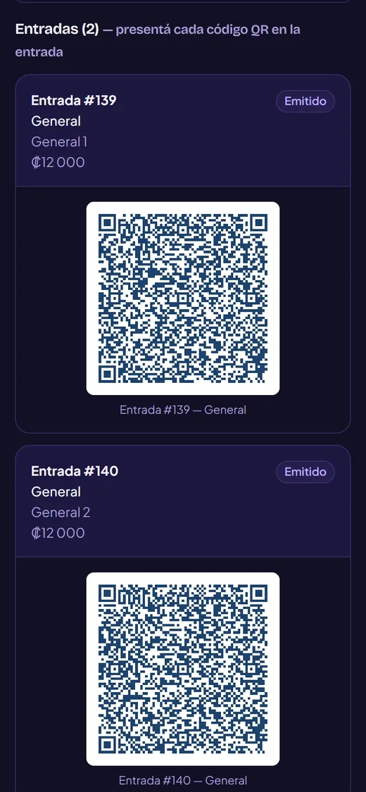 Dos entradas emitidas en En Cartelera, cada una con su código QR