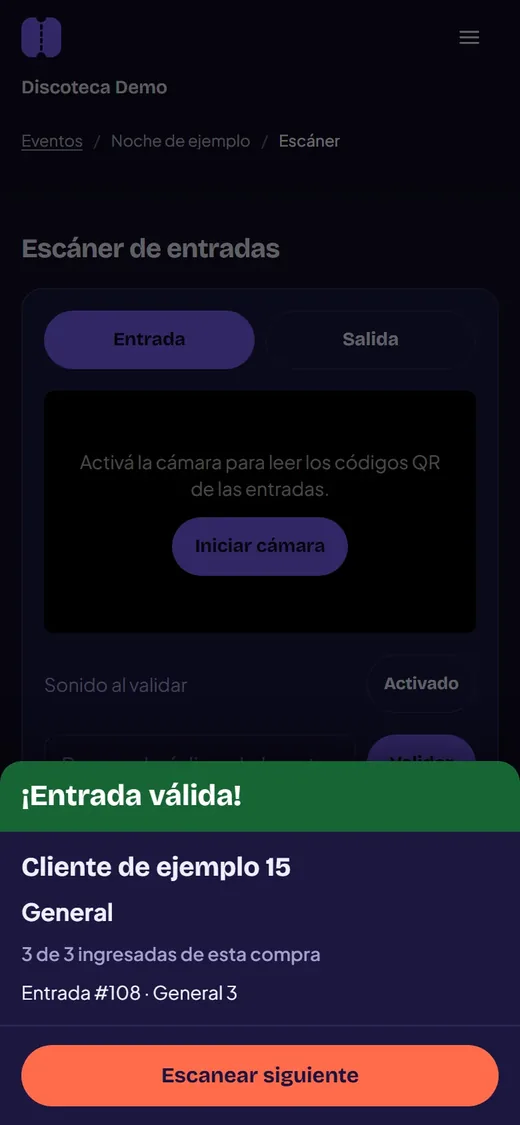 Escáner de entradas de En Cartelera mostrando Entrada válida